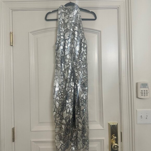 Tahari Floral Sequins Halter Midi=12 - Picture 2 of 5